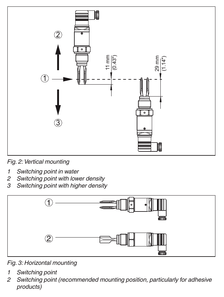 Switching point khi lắp đứng và lắp ngang SITRANS LVL100